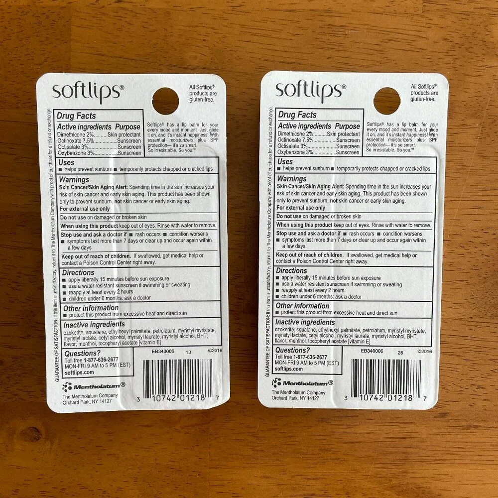 2 packs Softlips vanilla lip protectant with sunscreen